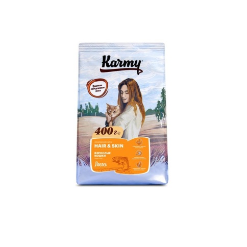 Сухой корм Karmy Hair & Skin для взрослых кошек для здоровья кожи и шерсти c лососем 400 г фото 2
