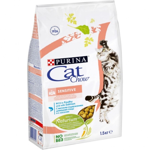 Purina Cat Chow Adult Sensitive для кошек для пищеварения с лососем и рисом 1,5 кг фото 1