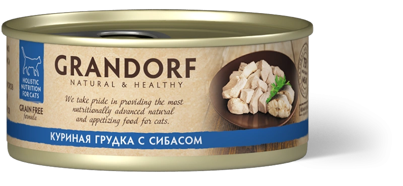 Влажный корм Grandorf Chicken & Sea Bass для кошек, консервы, Куриная грудка с сибасом в бульоне, 70 г фото 1