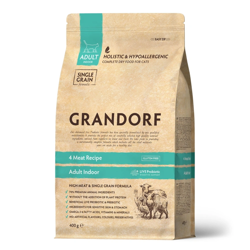 Сухой корм Grandorf 4 Meat Probiotic Indoor Четыре вида мяса Meat Assortment для домашних кошек, 400 г фото 1
