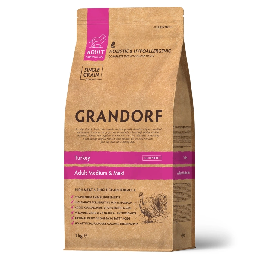 Сухой корм Grandorf Med & Maxi Turkey для взрослых собак средних и крупных пород, с индейкой, 1 кг фото 1