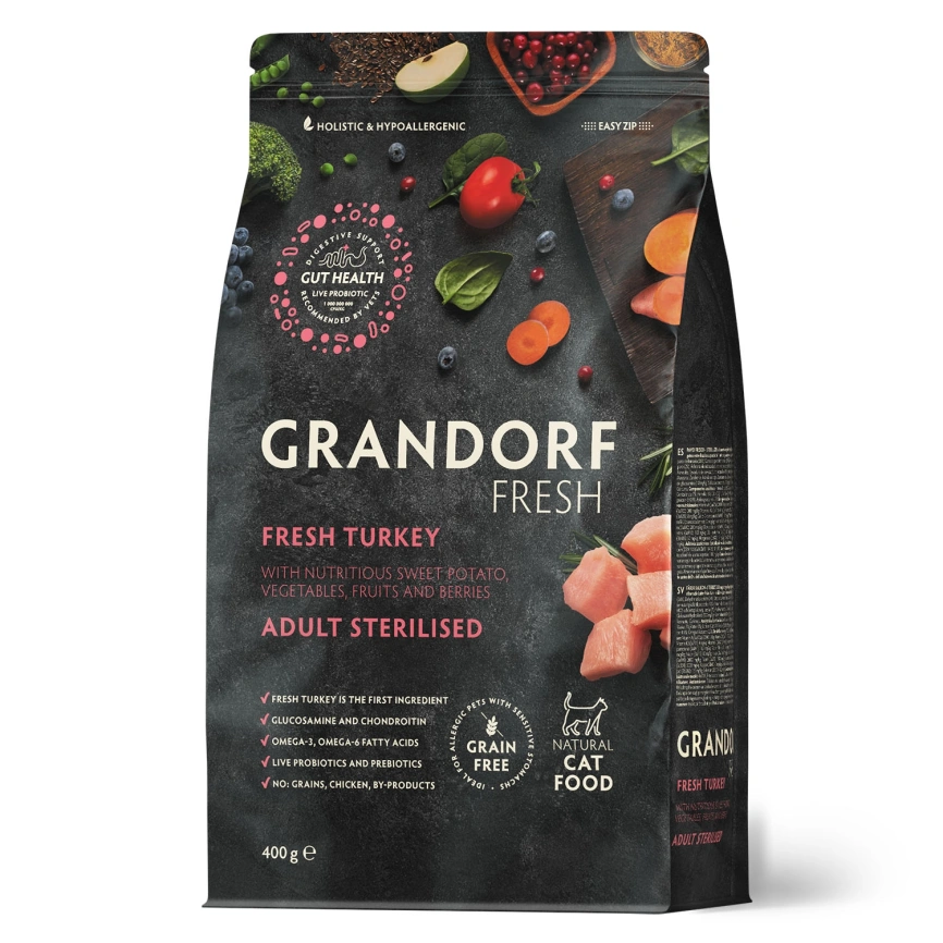 Сухой корм Grandorf Fresh Cat Turkey & Sweet Potato для стерилизованных кошек диетическая формула для особо аллергичных кошек индейка, с бататом, 400 г фото 1