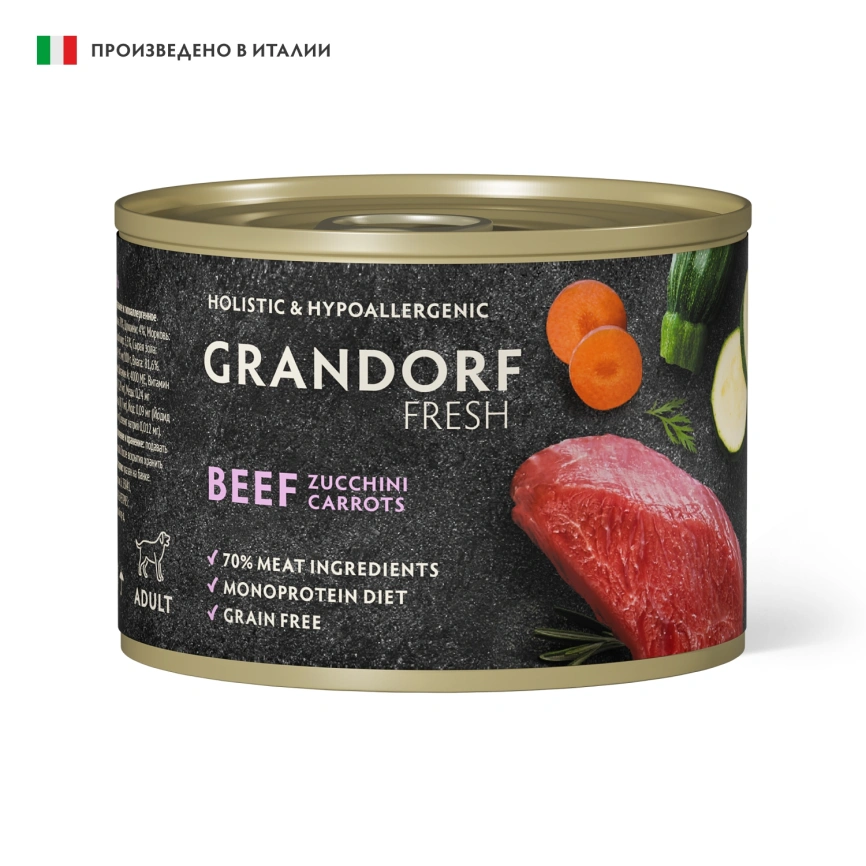 Влажный корм консервы Grandorf Fresh Beef & Carrot для собак паштет из говядины с цукини и морковью, 200 г фото 1