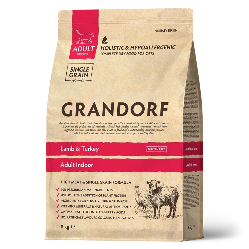 Сухой корм Grandorf Indoor Lamb & Turkey для домашних кошек, с ягнёнком и индейкой, 8 кг фото 1