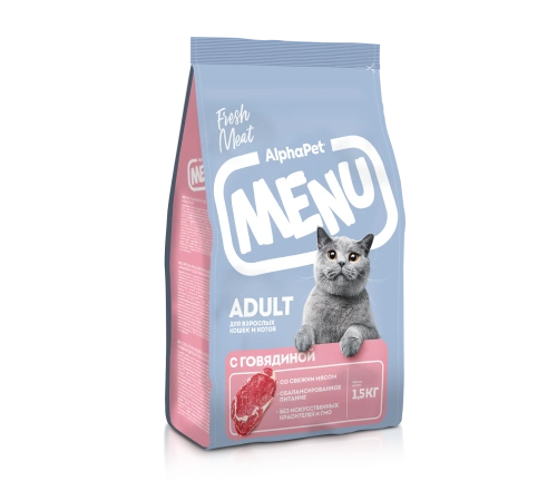 Сухой корм ALPHAPET MENU Beef для взрослых кошек и котов, с говядиной, 1.5 кг фото 1
