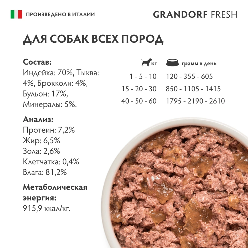 Влажный корм консервы Grandorf Fresh Turkey, Pumpkin & Broccoli для собак паштет из индейки с тыквой и брокколи, 200 г фото 6