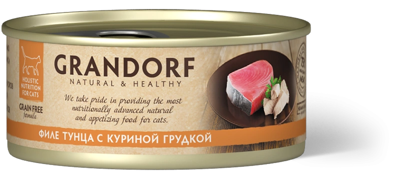 Влажный корм Grandorf Tuna & Chicken для кошек, консервы, Филе тунца с куриной грудкой в бульоне, 70 г фото 1