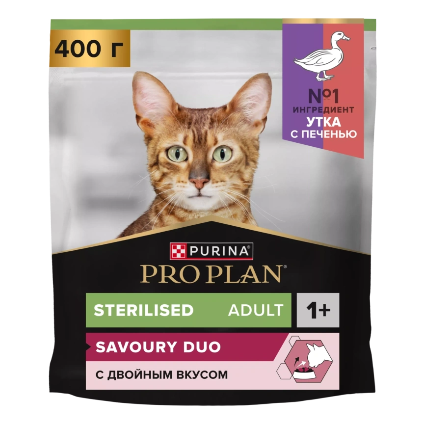 Сухой корм PRO PLAN Duck & Liver для взрослых стерилизованных кошек и кастрированных котов, с высоким содержанием утки и печенью, 400 г фото 1