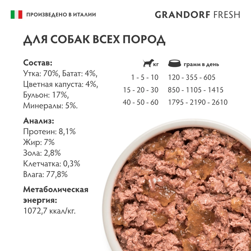 Влажный корм консервы Grandorf Fresh Duck & Sweet Potato & Cauliflower для собак паштет из утки, с бататом и цветной капустой, 200 г фото 6