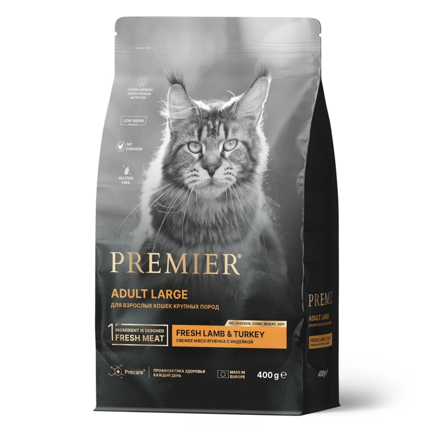 Сухой корм Premier Cat Lamb & Turkey Adult Large для взрослых кошек крупных пород, с ягненком и индейкой, 400 г фото 1
