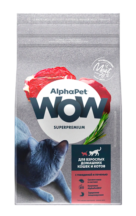 Сухой корм ALPHAPET WOW Superpremium Beef & Liver для взрослых домашних кошек и котов, с говядиной и печенью, 750 г фото 1