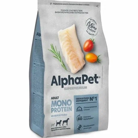 Сухой корм ALPHAPET Superpremium Monoprotein White Fish для взрослых собак мелких пород, с белой рыбой, 500 г фото 1