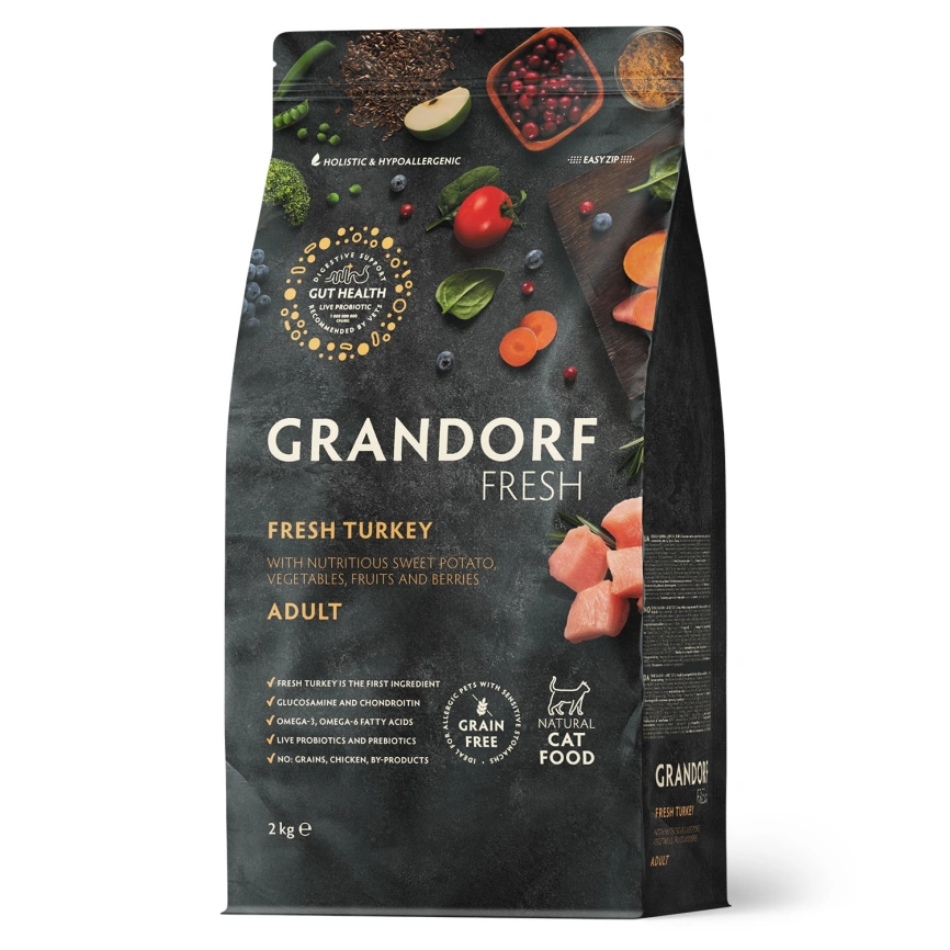 Сухой корм Grandorf Fresh Cat Turkey & Sweet Potato для взрослых кошек, диетическая формула для особо аллергичных кошек индейка, с бататом, 2 кг фото 1
