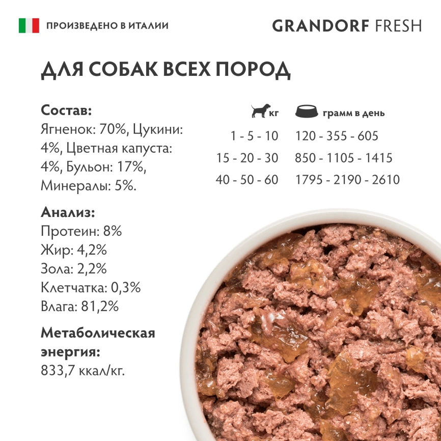 Влажный корм консервы Grandorf Fresh Lamb & Cauliflower для собак паштет из ягненка с цуккини и цветной капустой, 200 г фото 6