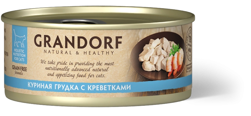 Влажный корм Grandorf Chicken & Shrimp для кошек, консервы, Куриная грудка с креветками в бульоне, 70 г фото 1