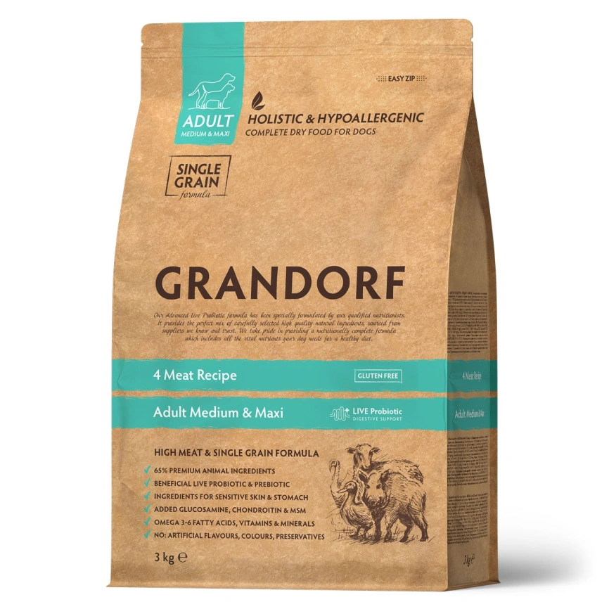 Сухой корм Grandorf 4 Meat Probiotic Med & Maxi Четыре вида мяса Meat Assortment для взрослых собак средних и крупных пород, 10 кг фото 1
