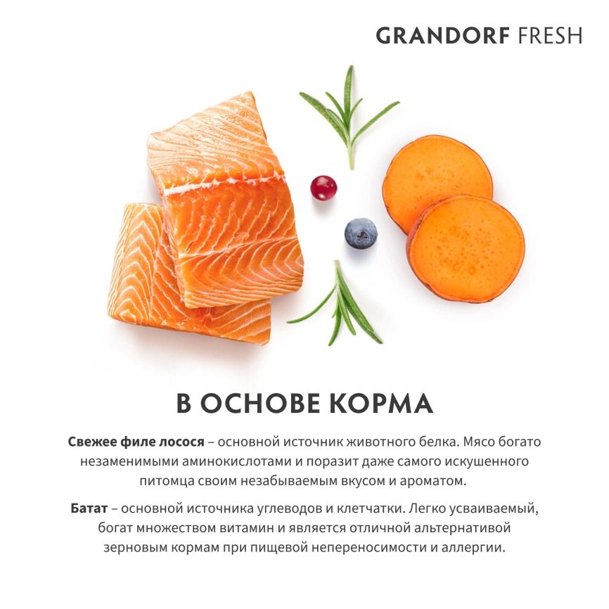 Сухой корм Grandorf Fresh Dog Salmon & Sweet Potato для взрослых собак средних и крупных пород для здоровья кожи и шерсти лосось, с бататом, 1 кг фото 6