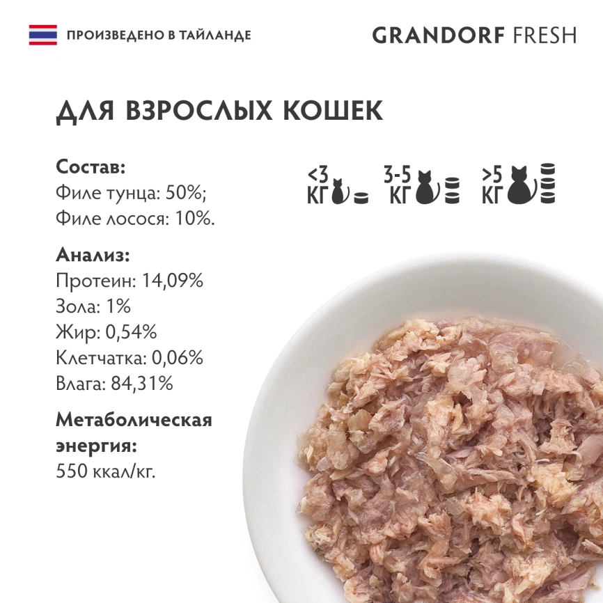 Влажный корм Grandorf Fresh Tuna & Salmon для кошек, консервы, филе тунца с филе лосося в желе, 70 г фото 6