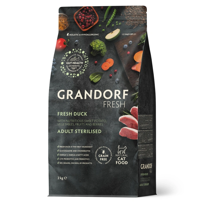 Сухой корм Grandorf Fresh Cat Duck & Sweet Potato для стерилизованных кошек диетическая формула для особо аллергичных кошек утка, с бататом, 400 г фото 1