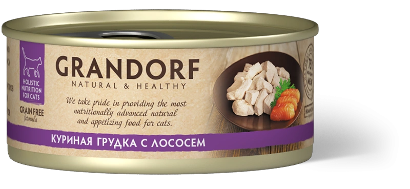 Влажный корм Grandorf Chicken & Salmon для кошек, консервы, Куриная грудка с лососем в бульоне, 70 г фото 1