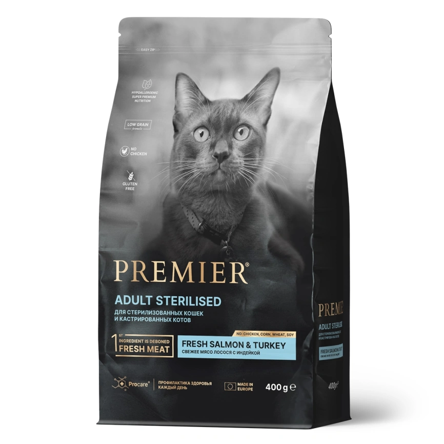 Сухой корм Premier Cat Salmon & Turkey Sterilised для стерилизованных кошек, с лососем и индейкой, 400 г фото 1