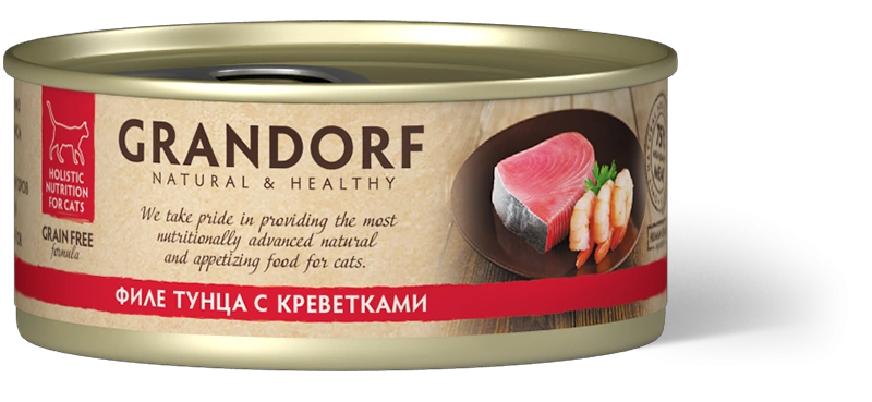 Влажный корм Grandorf Tuna & Shrimp для кошек, консервы, Филе тунца с креветками в бульоне, 70 г фото 1