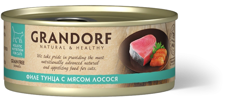 Влажный корм Grandorf Tuna & Salmon для кошек, консервы, Филе тунца с мясом лосося в бульоне, 70 г фото 1