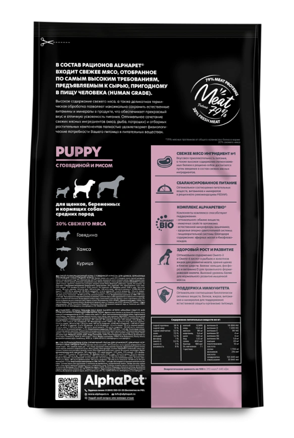 Сухой корм ALPHAPET Superpremium Beef & Rice для щенков, беременных и кормящих собак средних пород, с говядиной и рисом, 2 кг фото 4