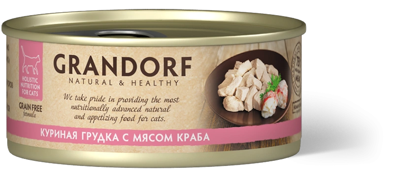 Влажный корм Grandorf Chicken & Crab для кошек, консервы, Куриная грудка с мясом краба в бульоне, 70 г фото 1