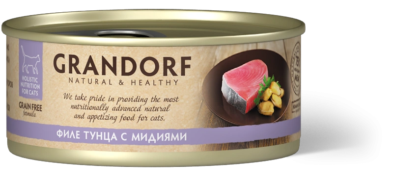 Влажный корм Grandorf Tuna & Mussel для кошек, консервы, Филе тунца с мидиями в бульоне, 70 г фото 1