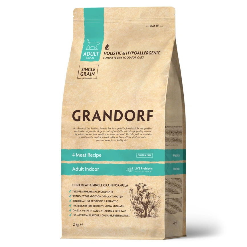 Сухой корм Grandorf 4 Meat Probiotic Indoor Четыре вида мяса Meat Assortment для домашних кошек, 2 кг фото 1